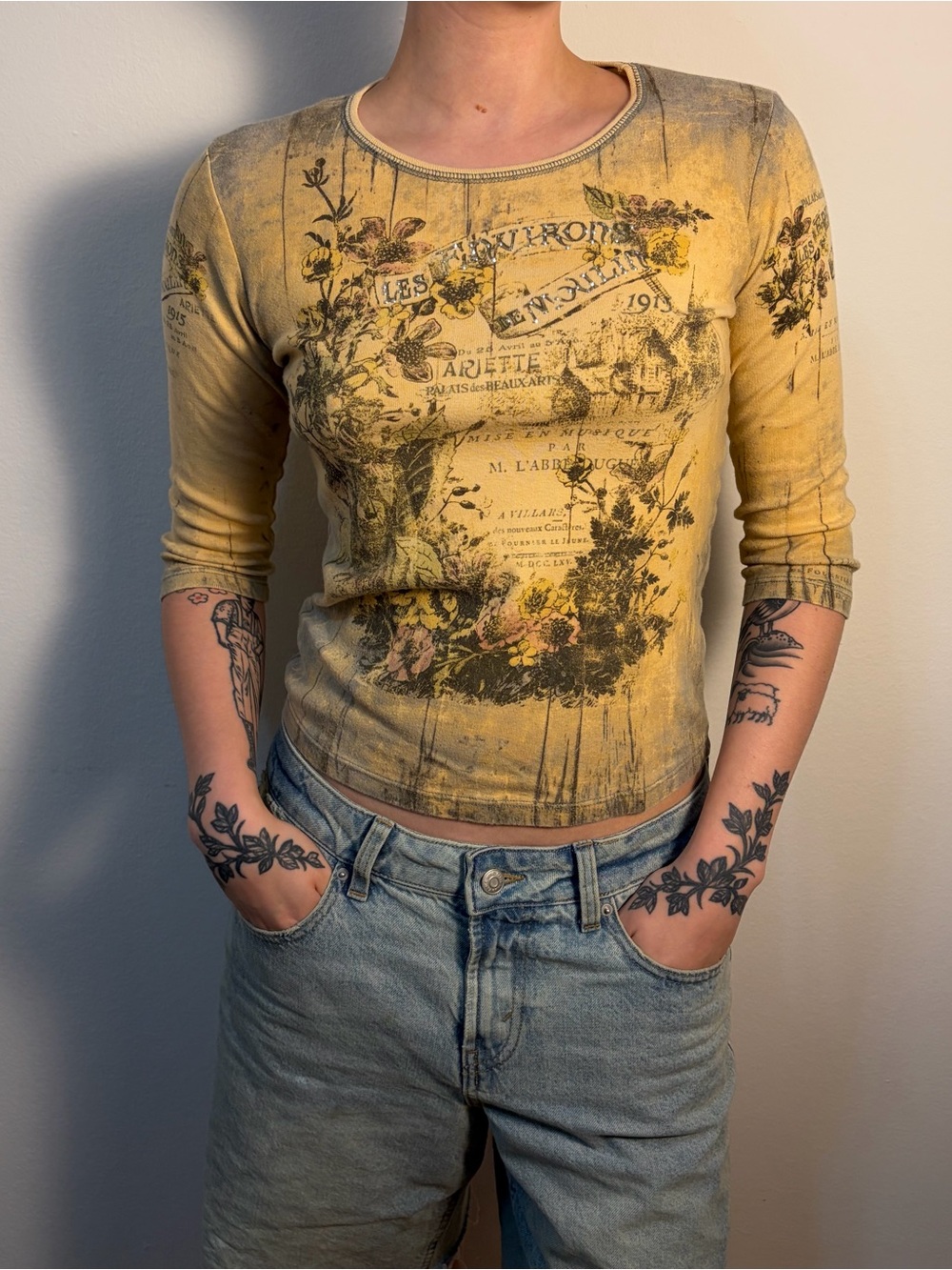 Jamee J Y2K Fairy Grunge Floral Top Beige Boho Cottagecore 3/4 Sleeve